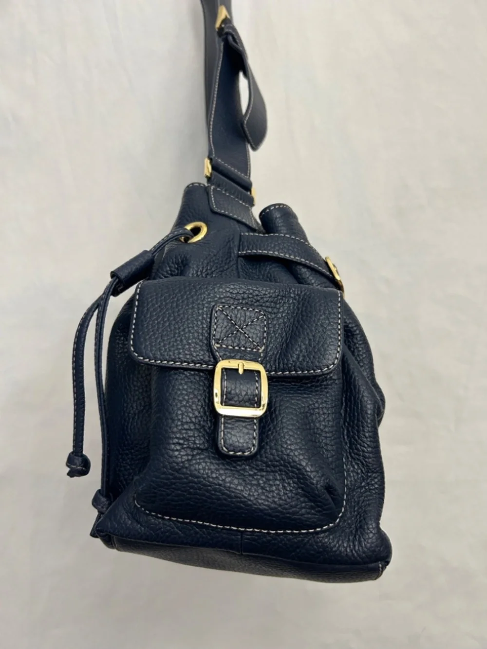 MAXX New York Navy Blue Pebbled Leather Hobo Buckle Strap Shoulder Handbag